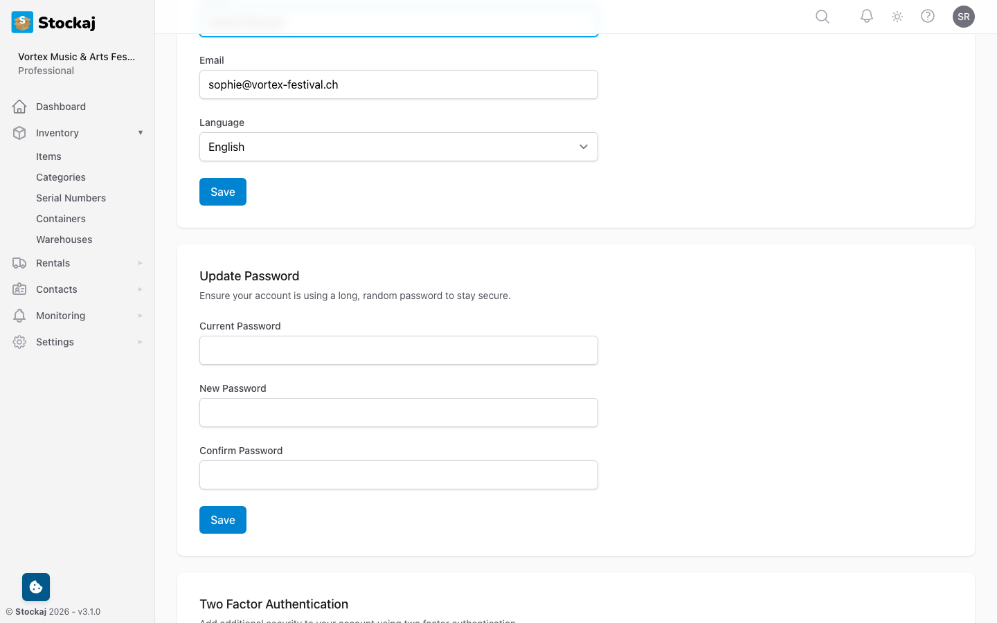 The two-factor authentication setup with QR code and recovery codes