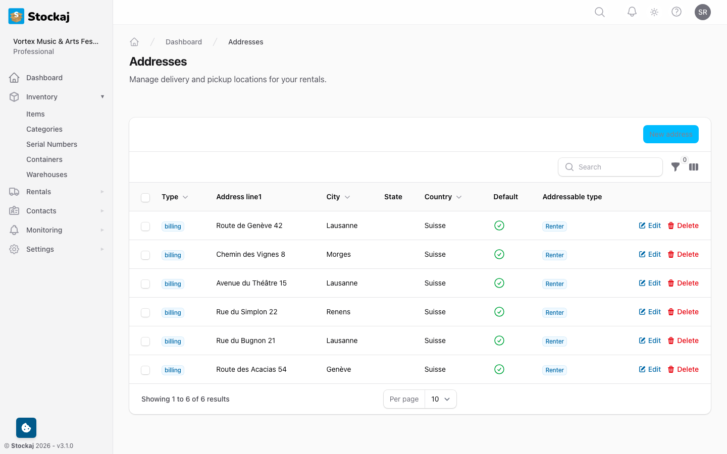 The addresses management page