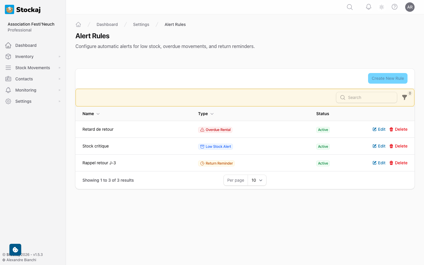 The alert rules management page showing configured rules
