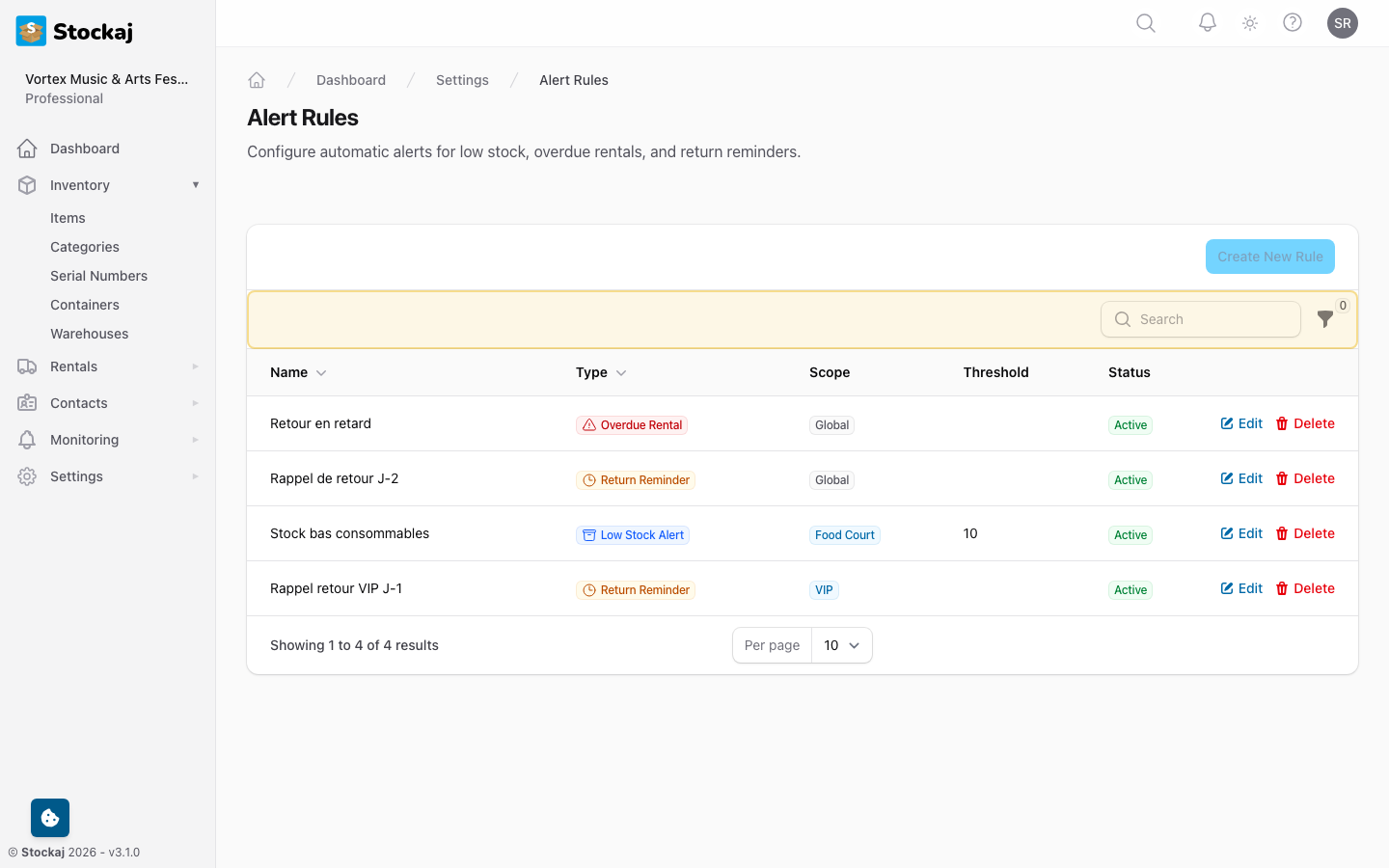 The alert rules management page showing configured rules
