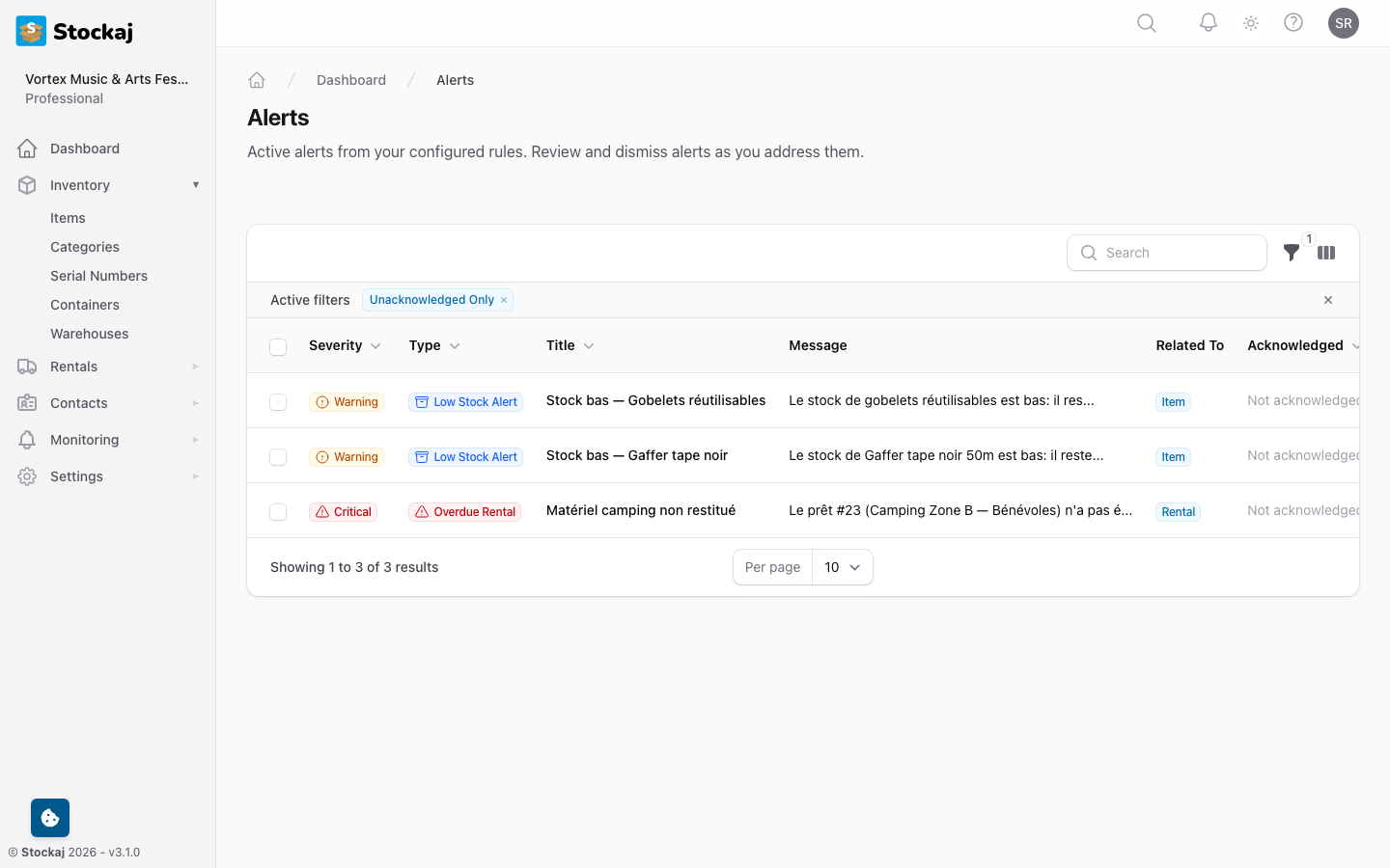 The alerts list showing active alerts with severity indicators and timestamps