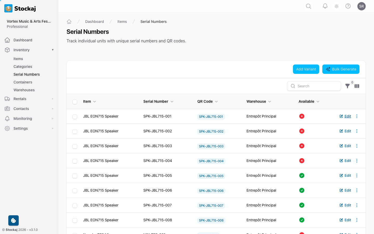 The bulk QR code generator showing a preview of QR code labels ready for printing