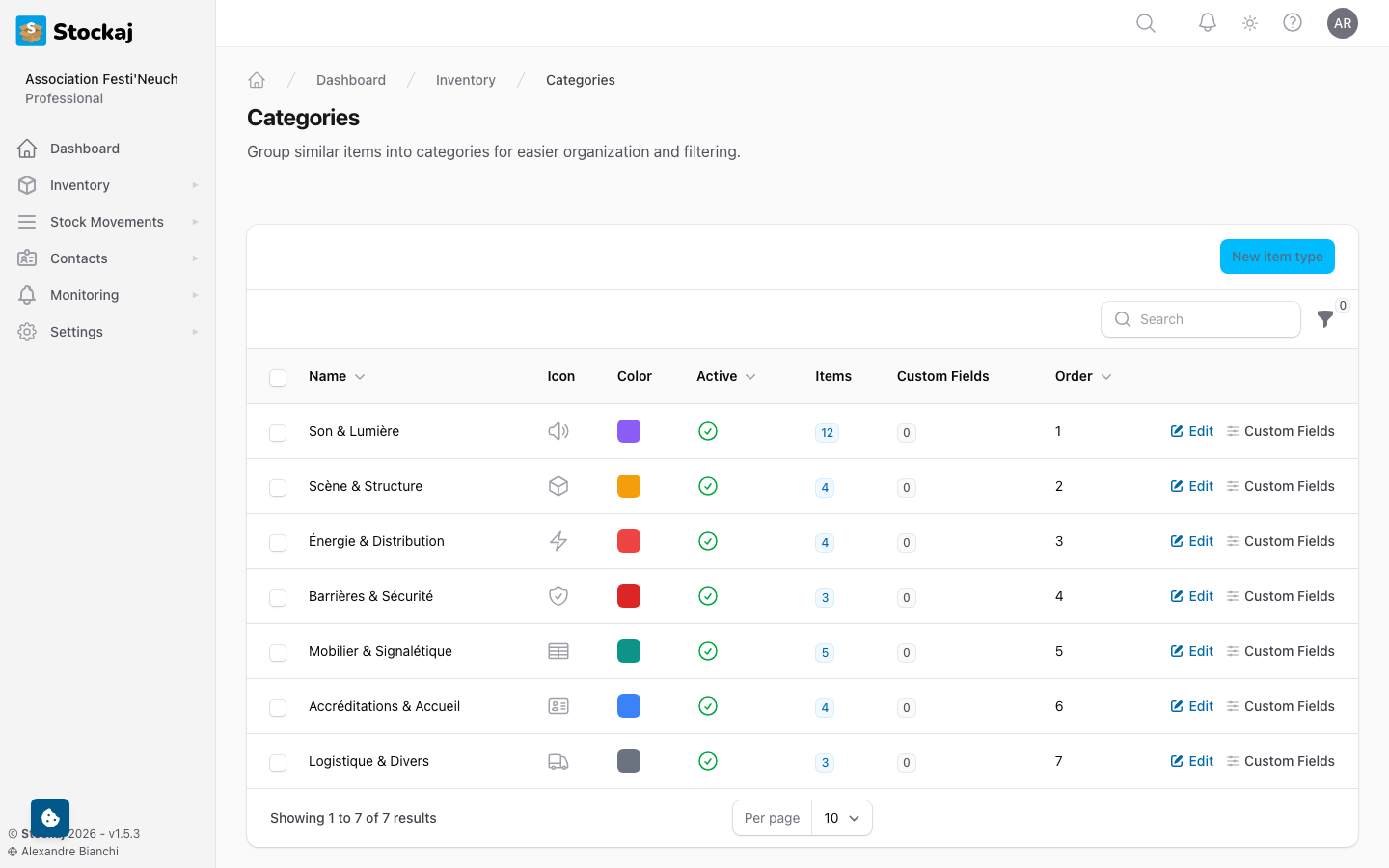 The categories management page showing the list of categories with icons, colors, and item counts