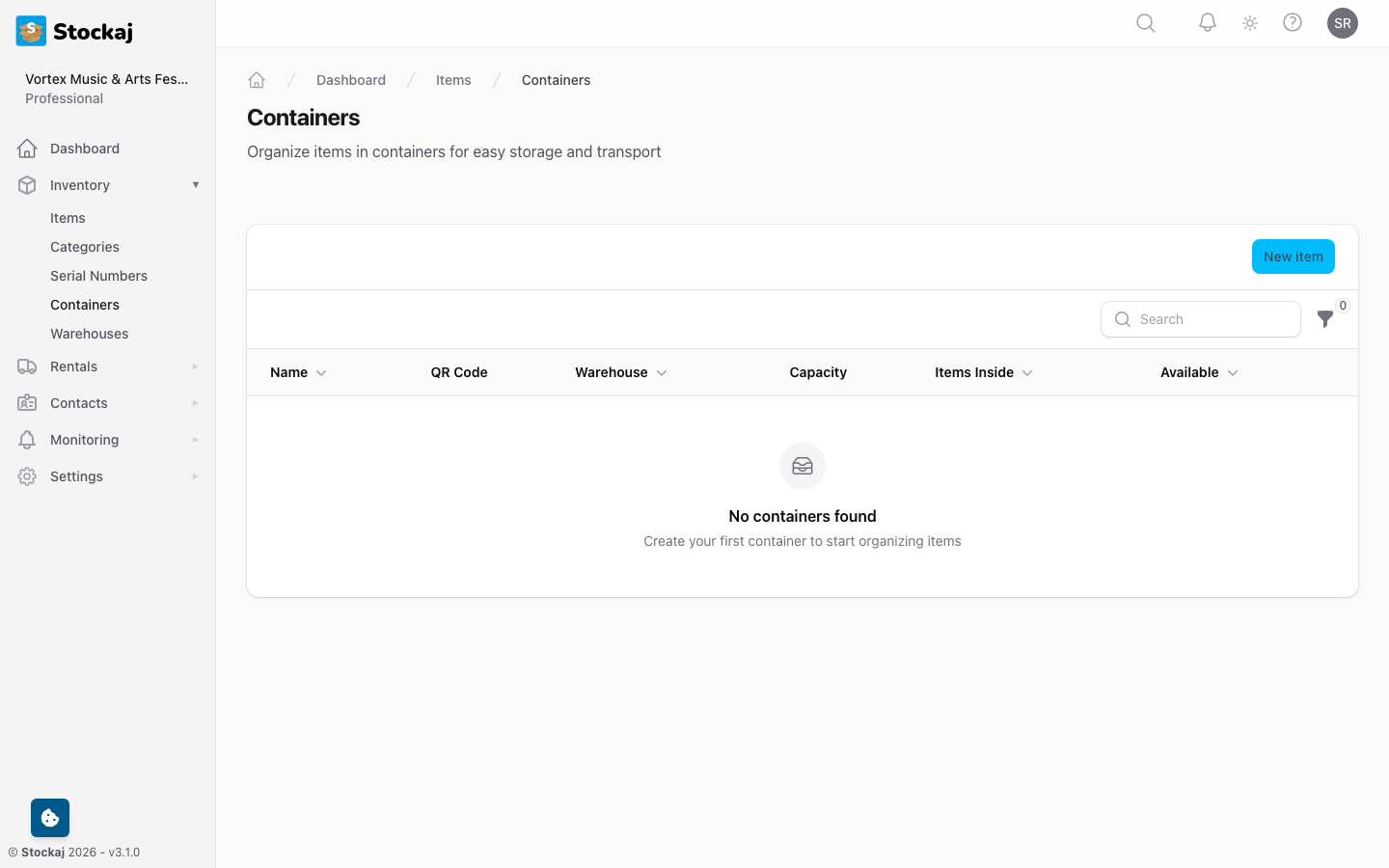 The containers management page