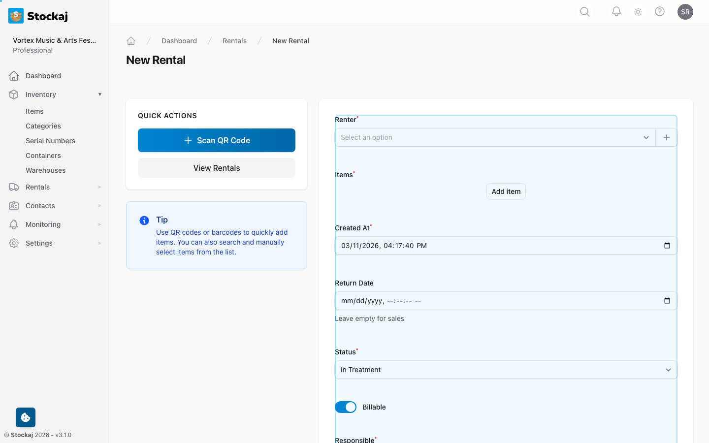 The rental creation form showing renter selection, item picker, and date fields