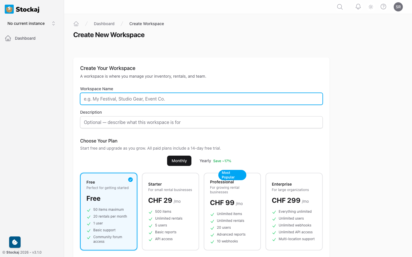 The workspace creation wizard showing plan selection and workspace details