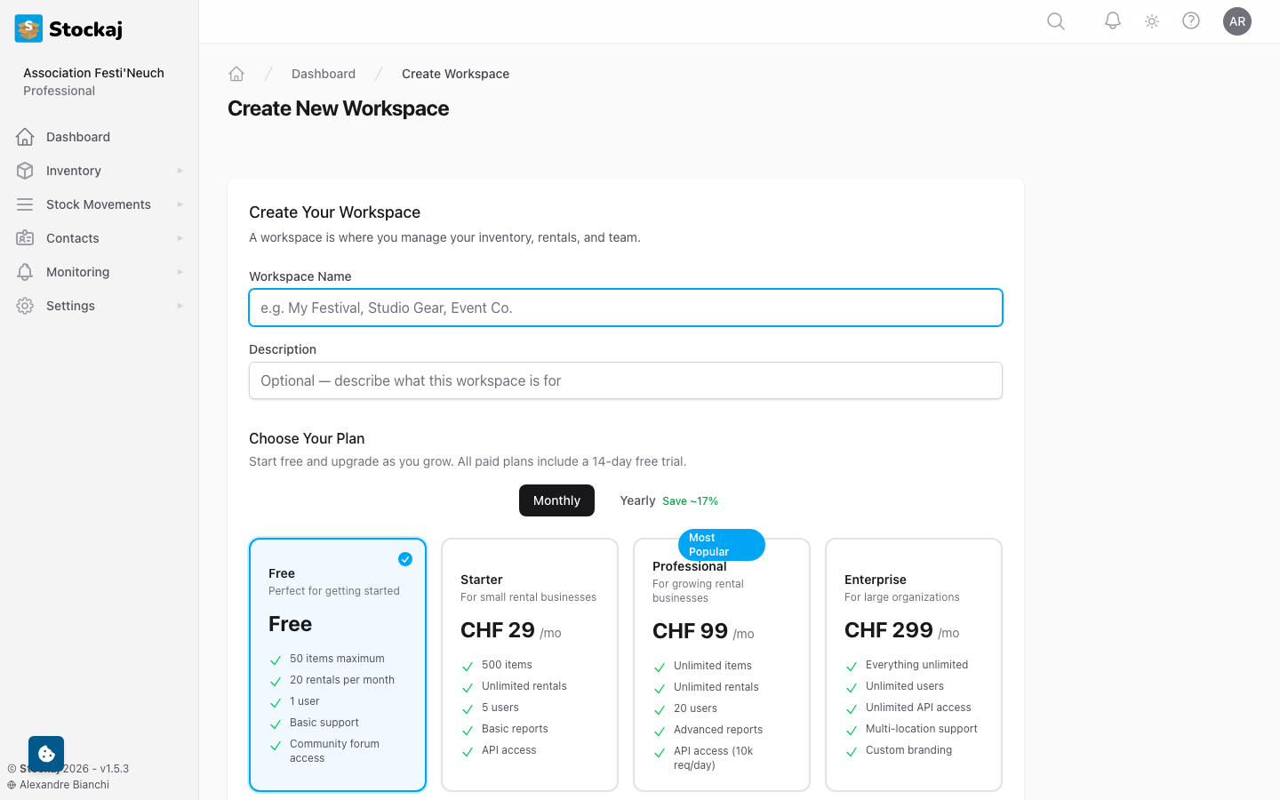 The workspace creation wizard showing plan selection and workspace details