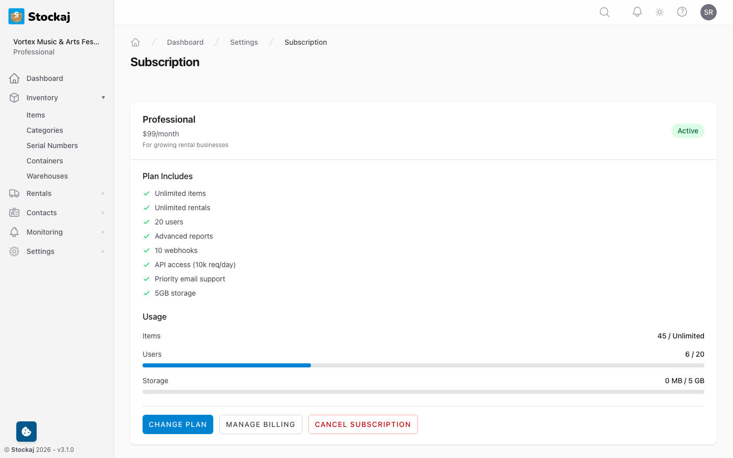 The current plan page showing plan details, usage statistics, and upgrade options
