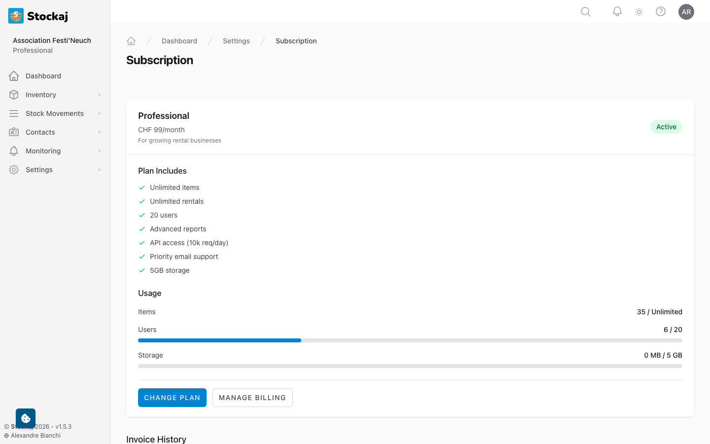 The current plan page showing plan details, usage statistics, and upgrade options