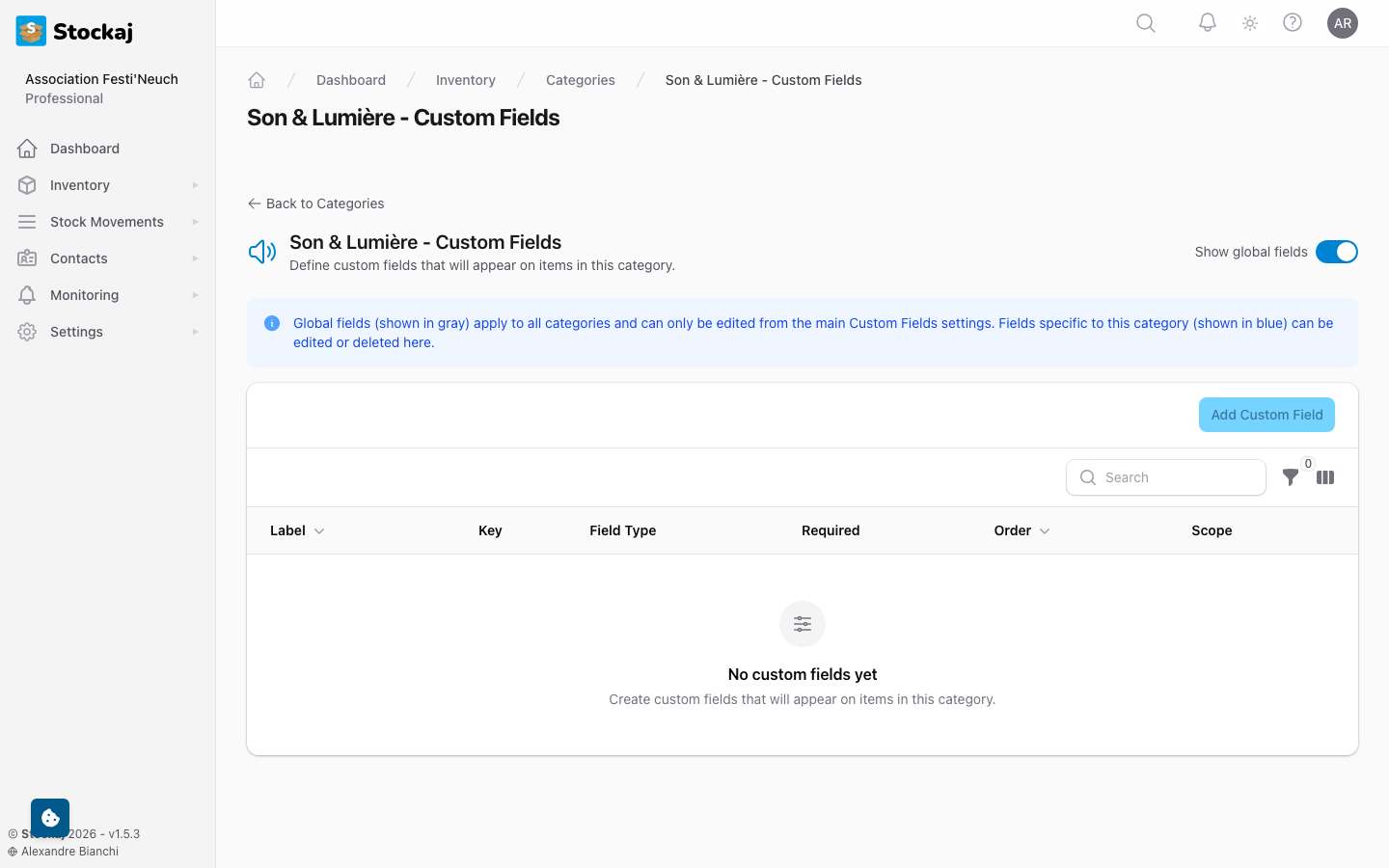 The custom fields management interface for a category