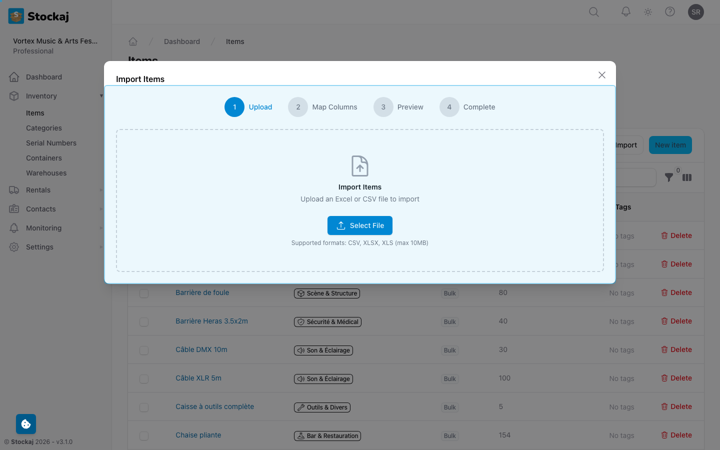 The import wizard showing column mapping interface