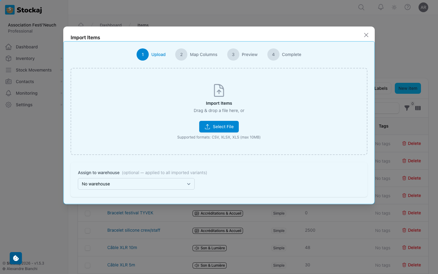 The import wizard showing column mapping interface