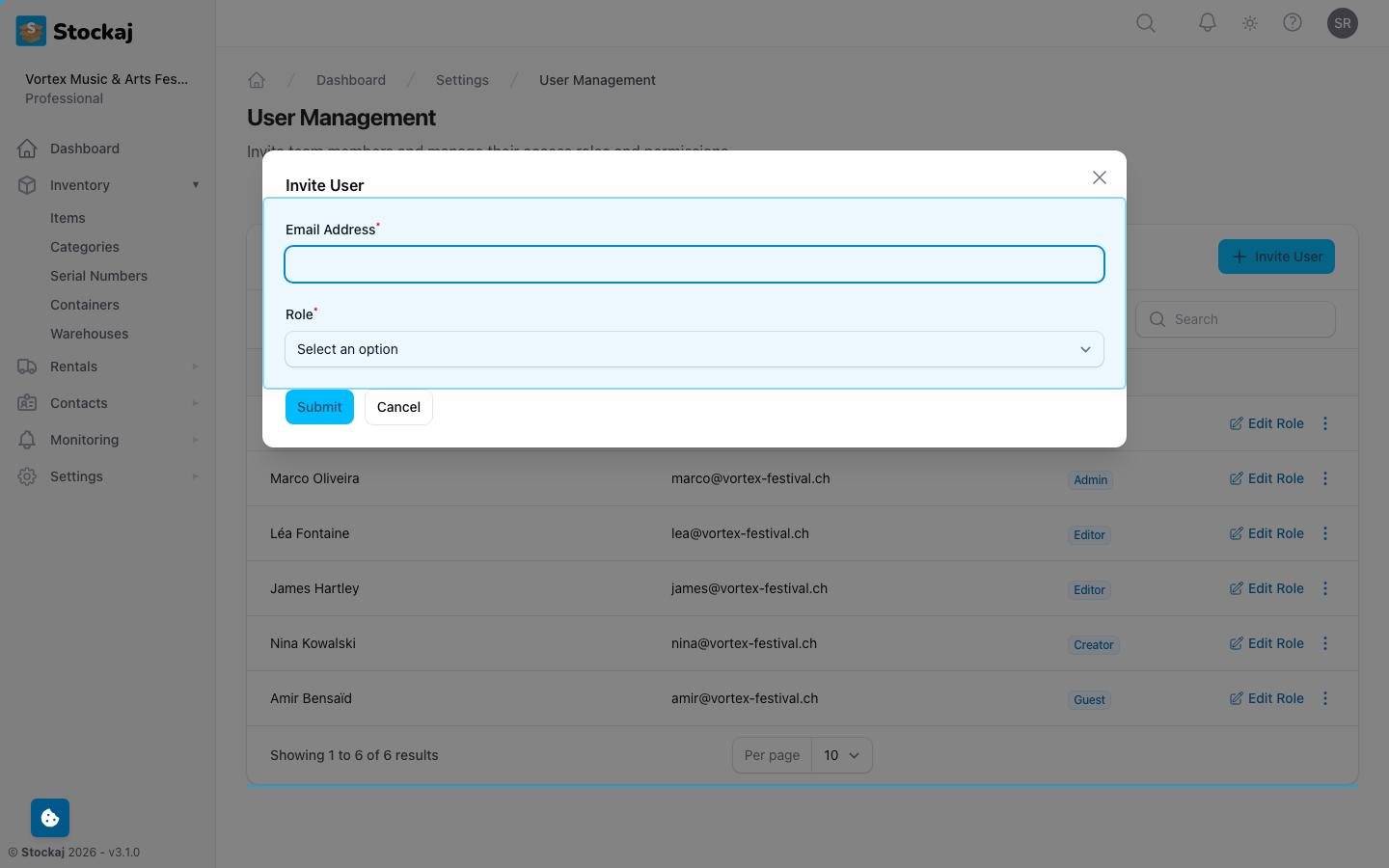 The user invitation dialog showing email input and role selector