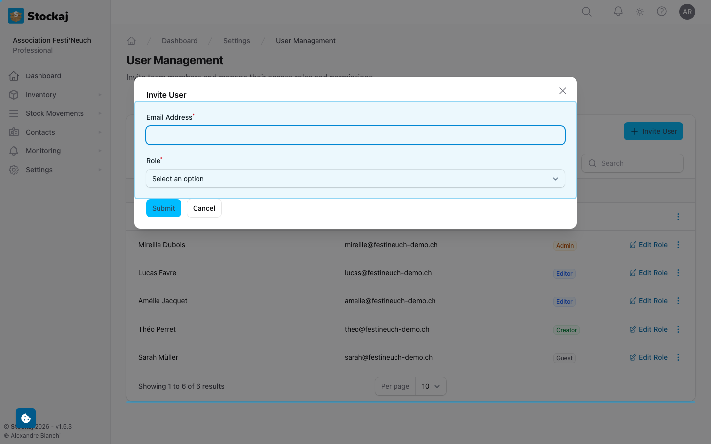 The user invitation dialog showing email input and role selector