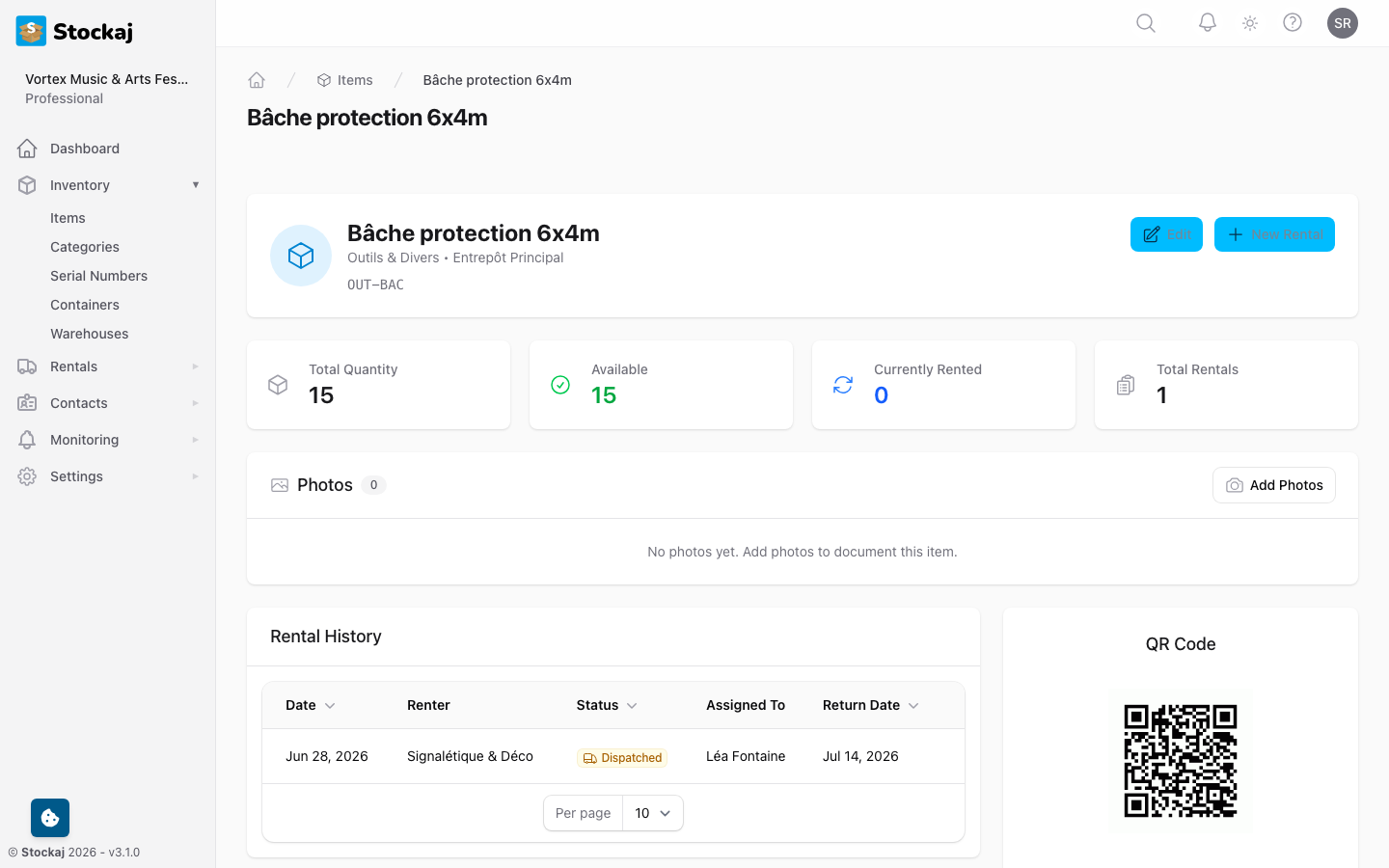 The item dashboard showing item details, rental history, quantity events, and QR code