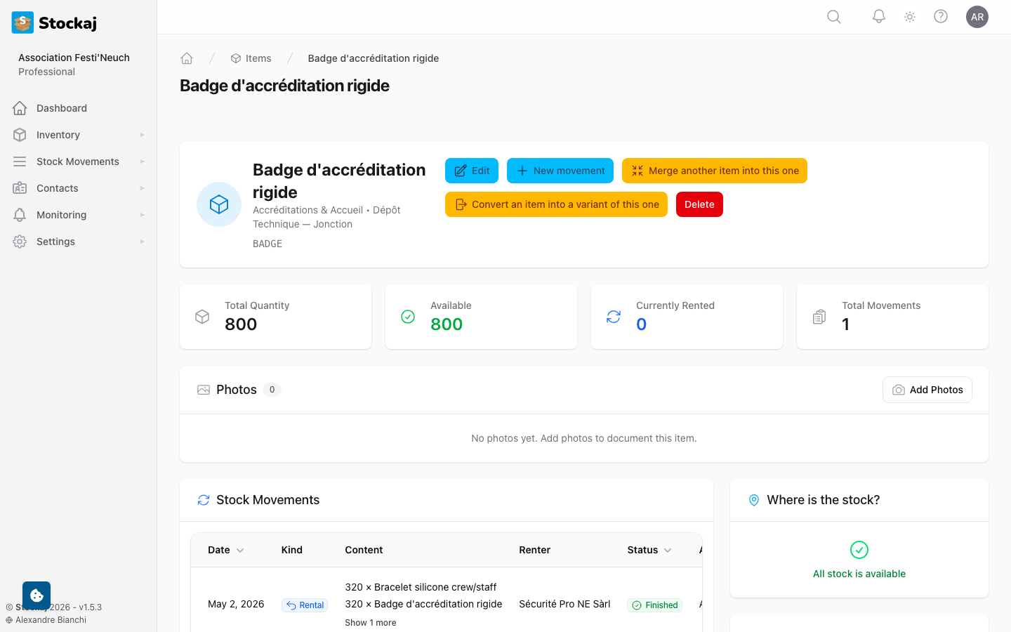 The item dashboard showing item details, rental history, quantity events, and QR code