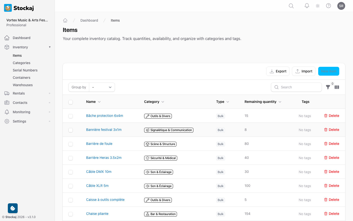 The items list view showing the table with columns, search bar, and action buttons