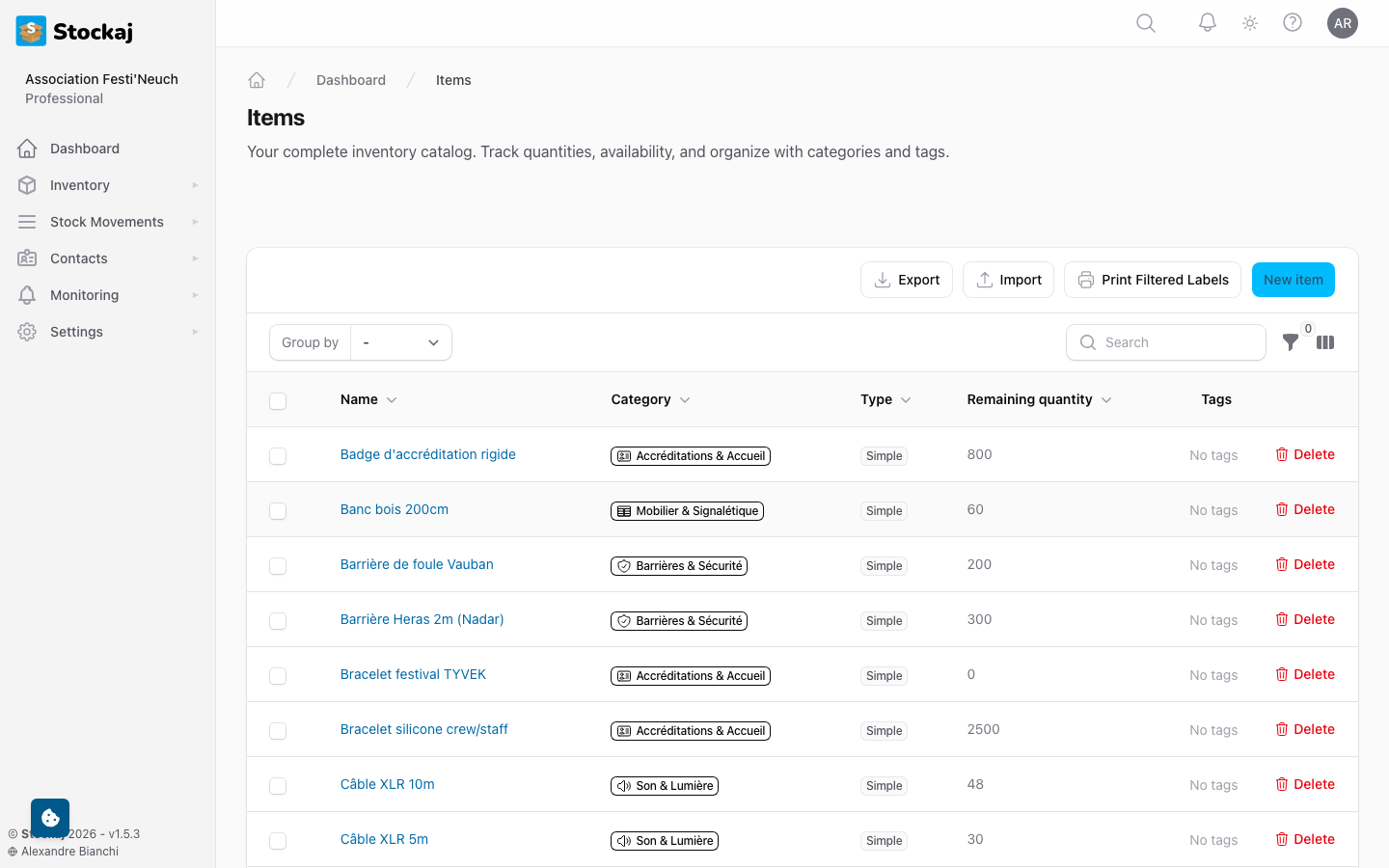 The items list view showing the table with columns, search bar, and action buttons