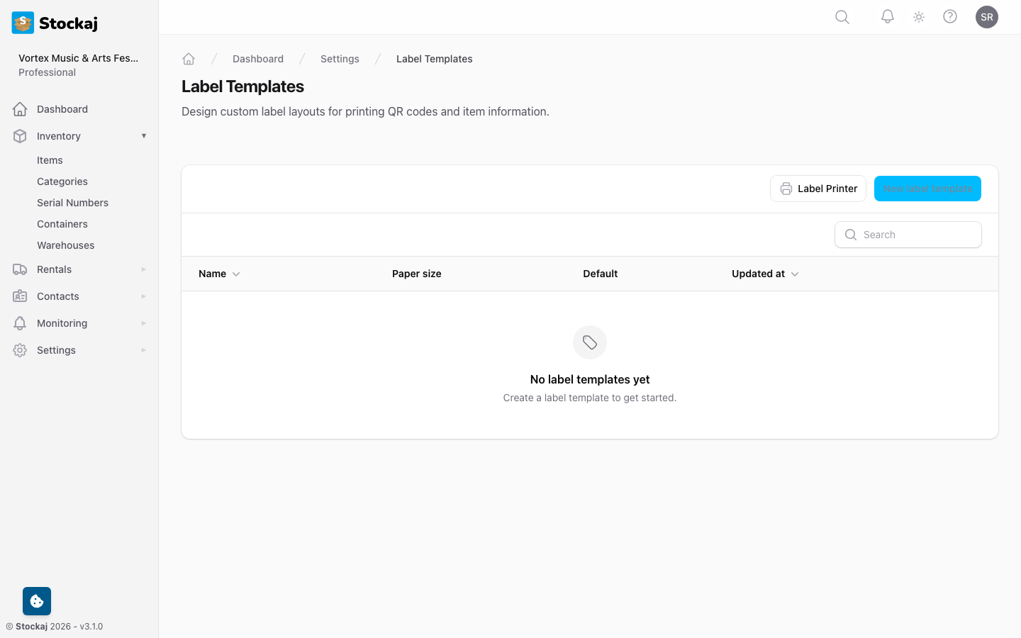 The label template editor showing layout configuration options