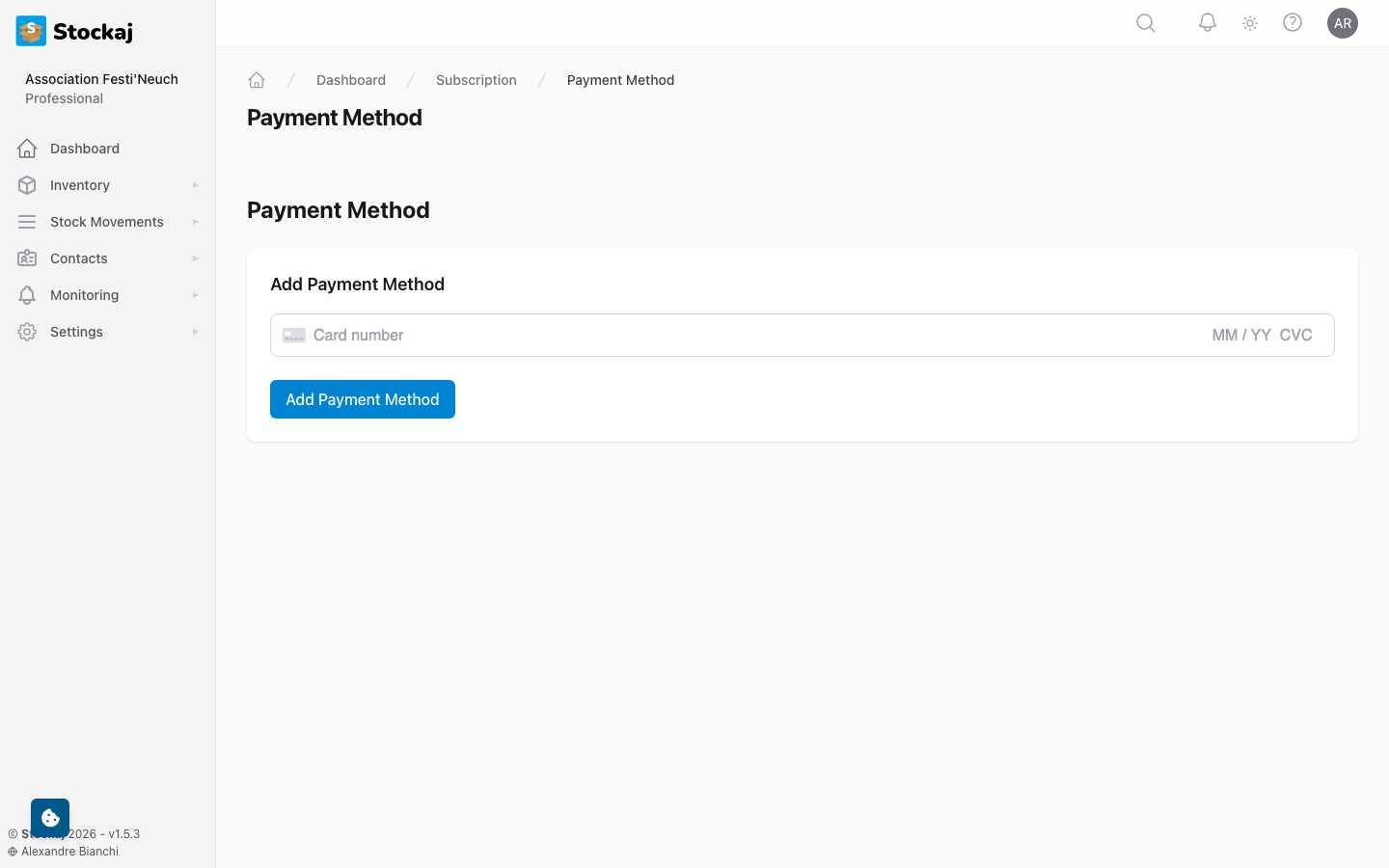 The payment method management page