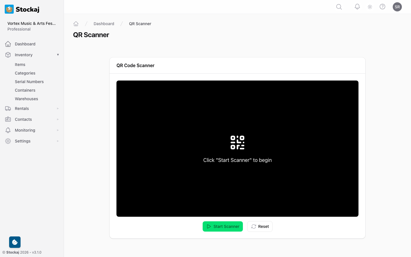 The QR scanner interface with camera feed and scan result panel