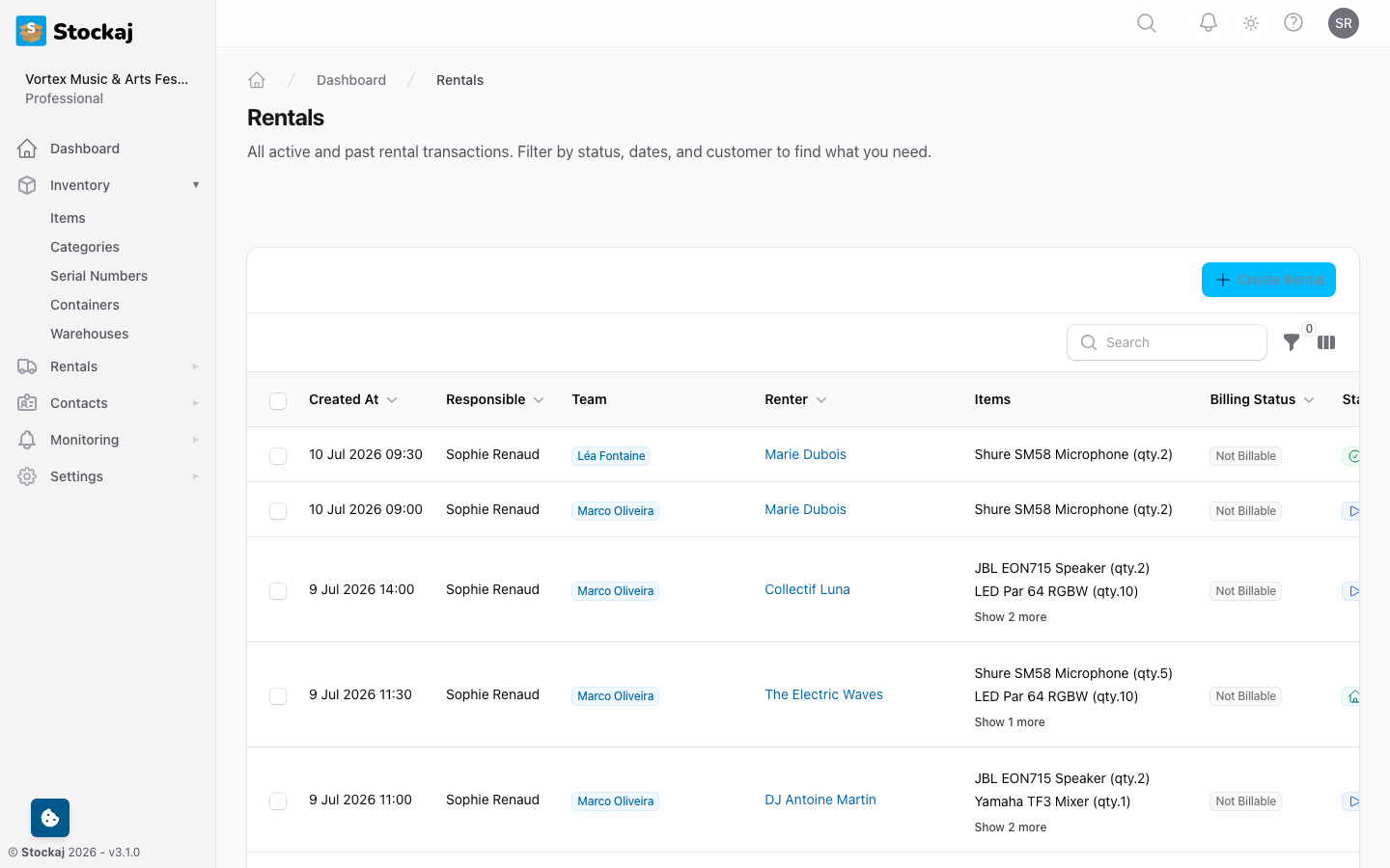 The rentals list with status filters, search, and color-coded status badges