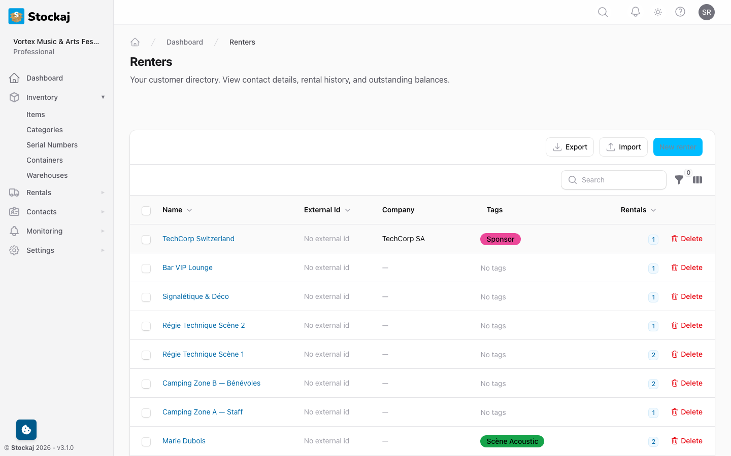 The renters list view with search, filters, and action buttons