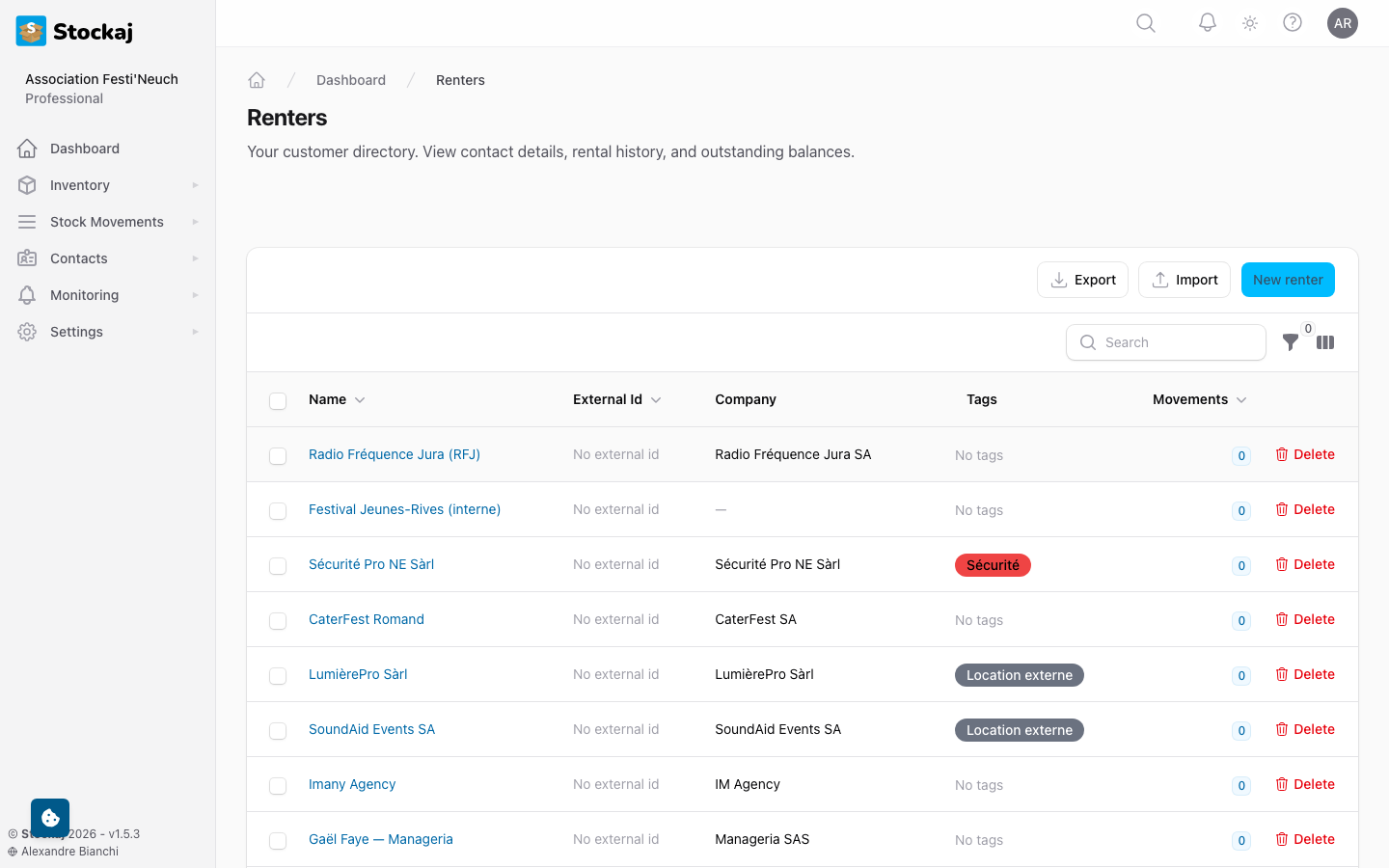 The renters list view with search, filters, and action buttons