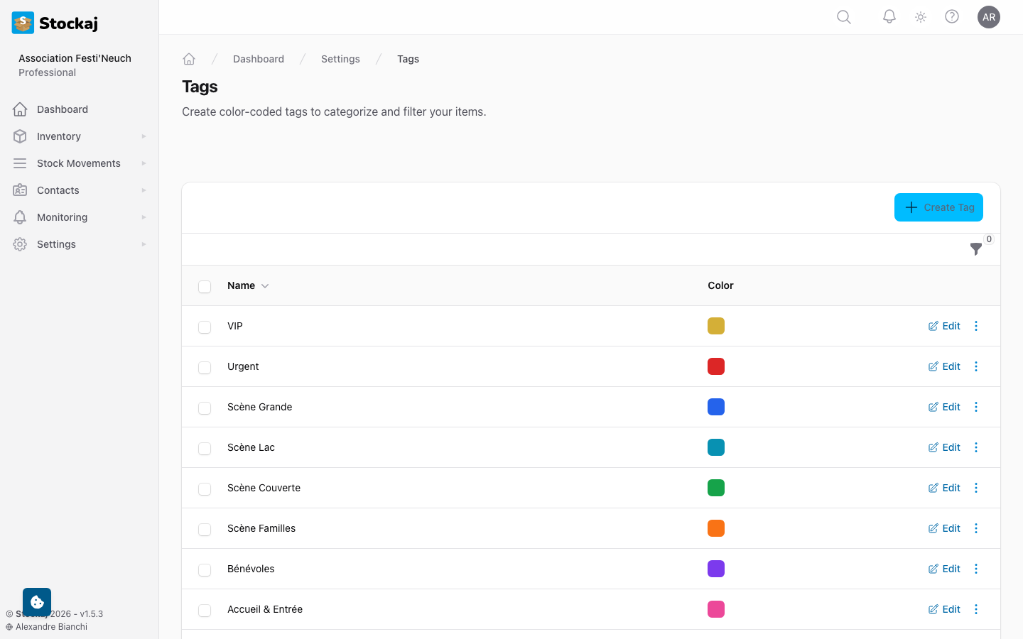 The tags management page showing tags with colors and usage counts