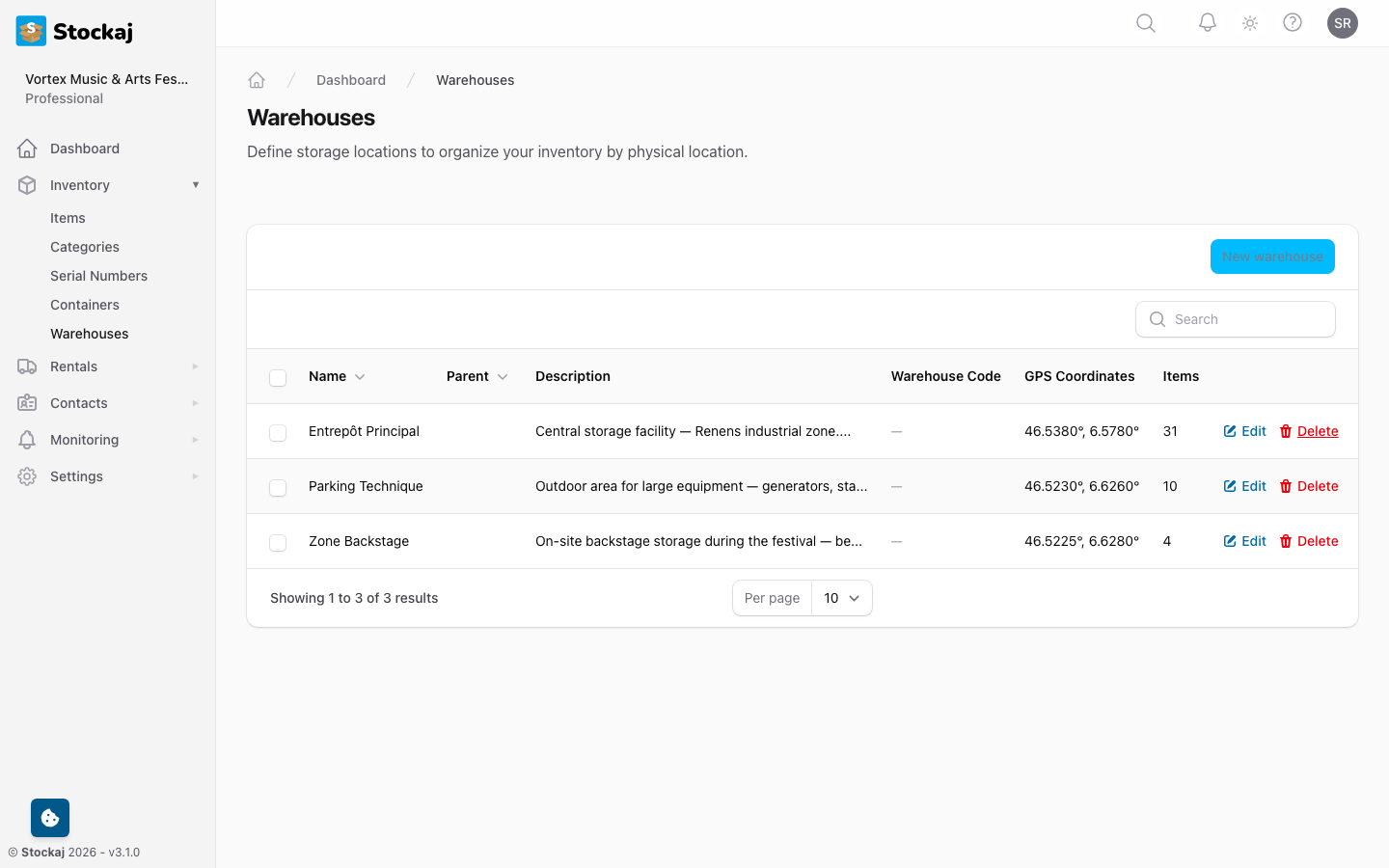 The warehouses management page