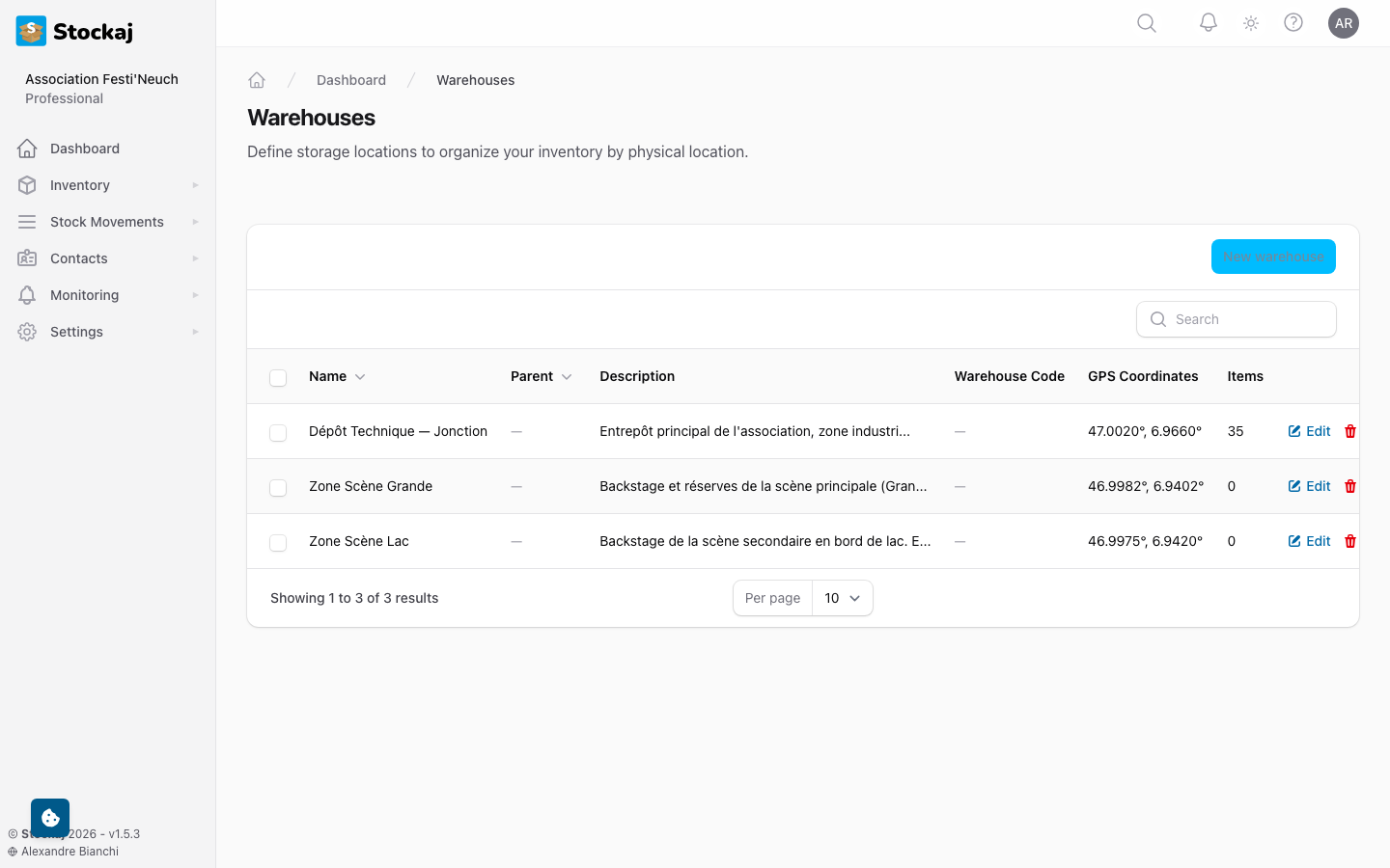 The warehouses management page