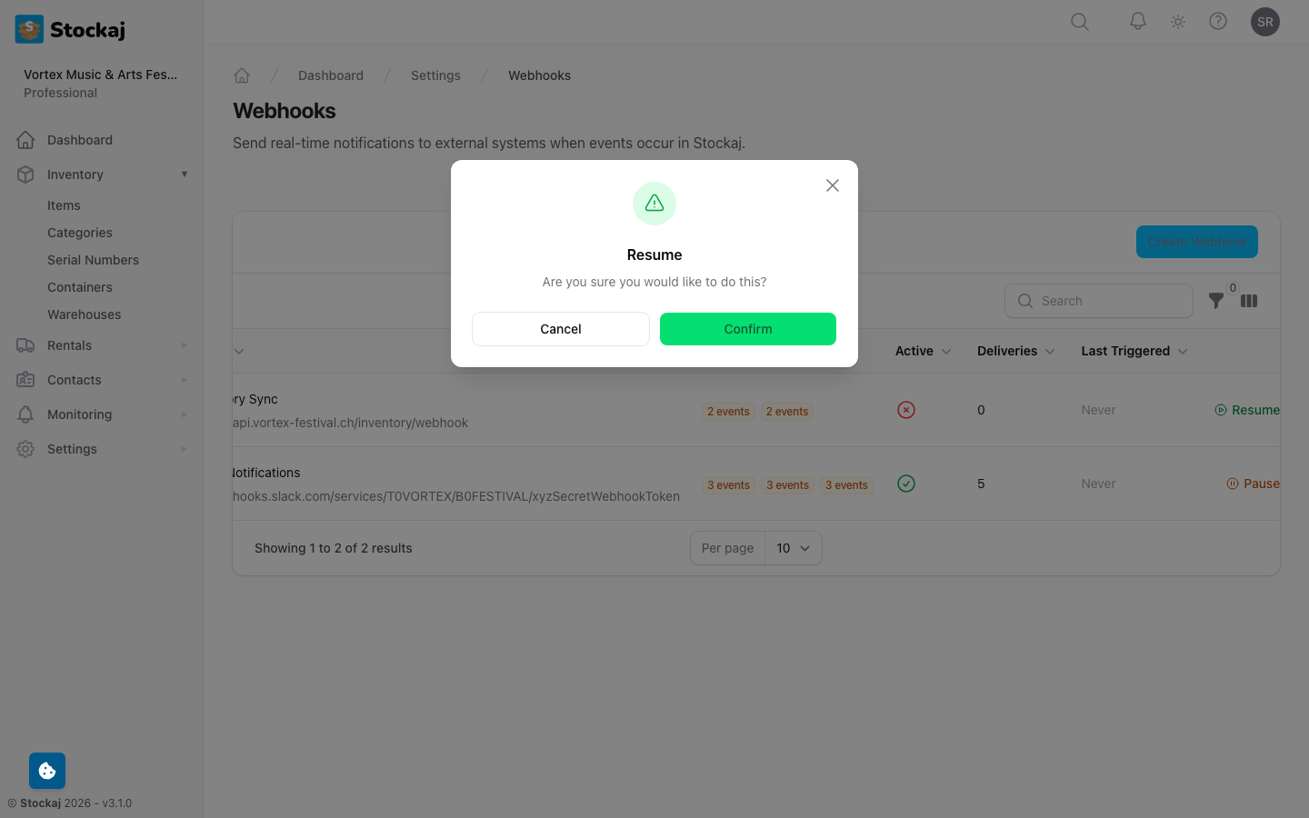 The webhook delivery log showing past deliveries with status codes and response times