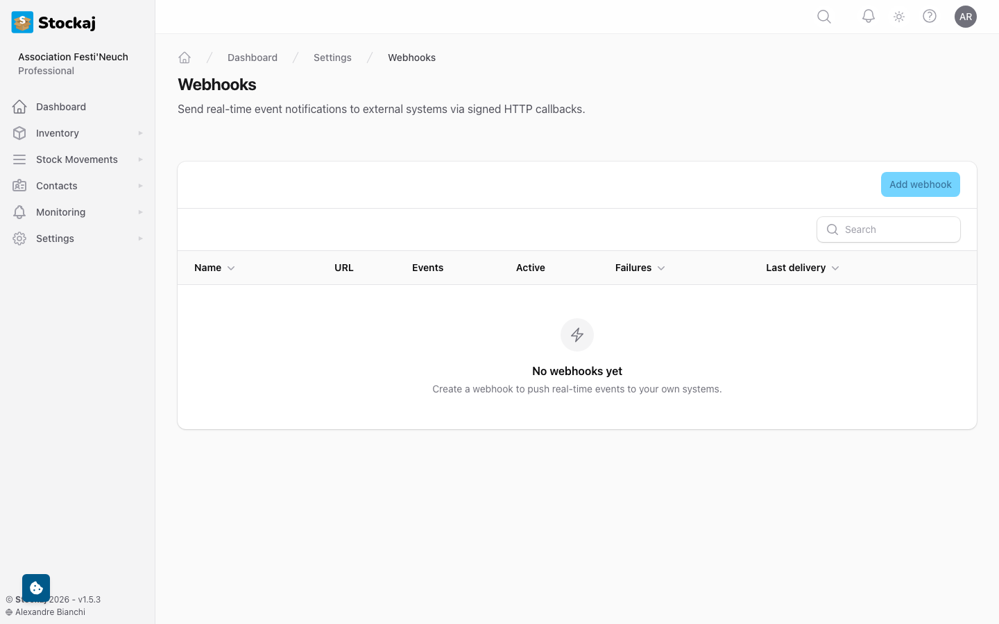 The webhook delivery log showing past deliveries with status codes and response times