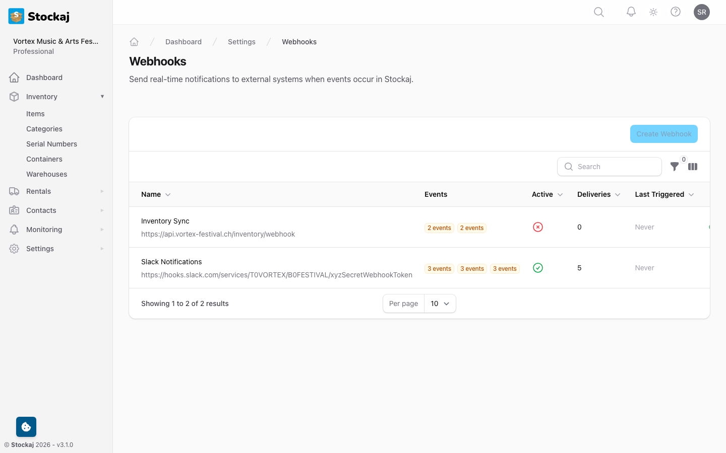 The webhooks management page showing configured webhooks with status and delivery counts