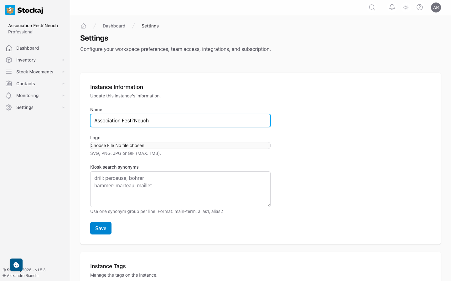 The general settings page showing workspace name, display options, and alert settings