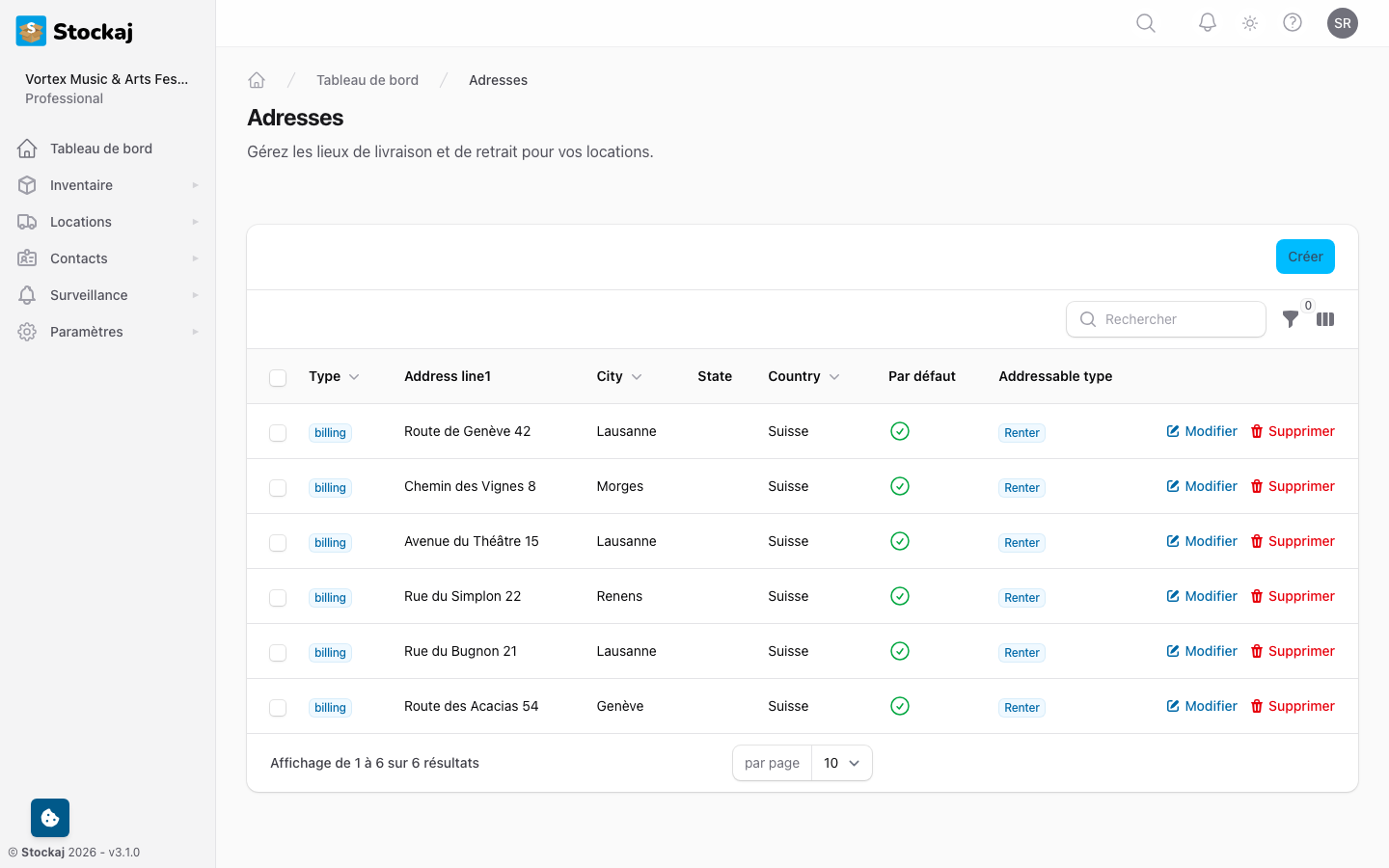 La page de gestion des adresses