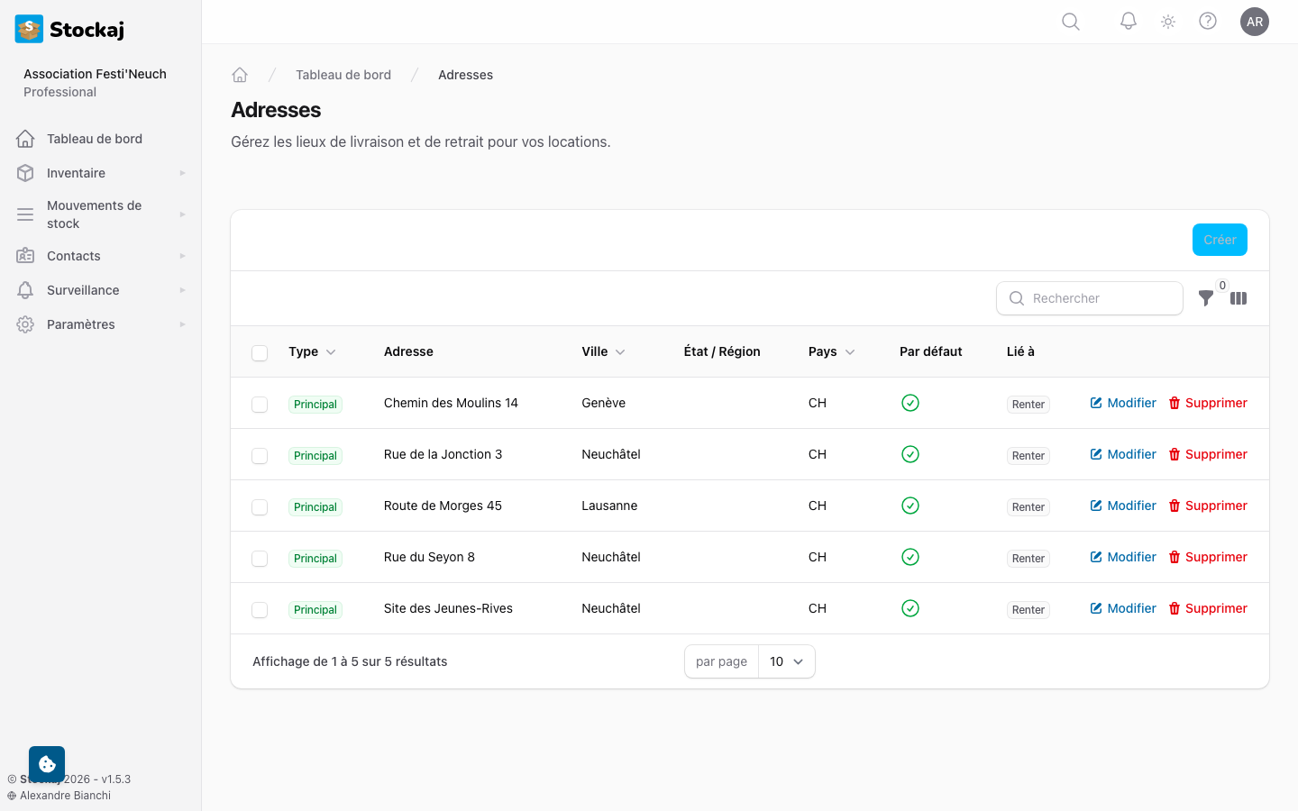 La page de gestion des adresses