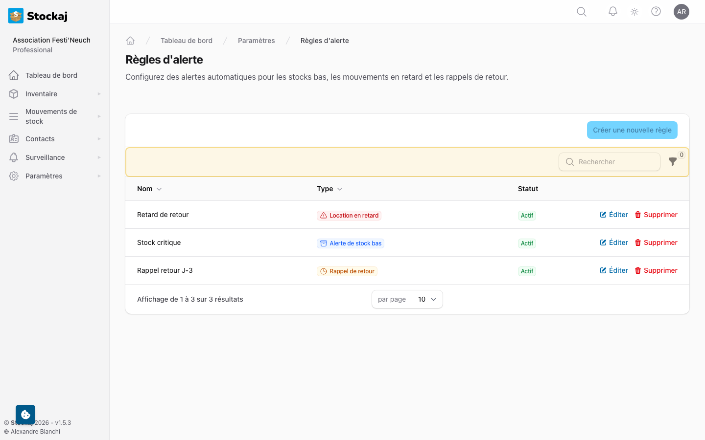 La page de gestion des règles d'alerte montrant les règles configurées