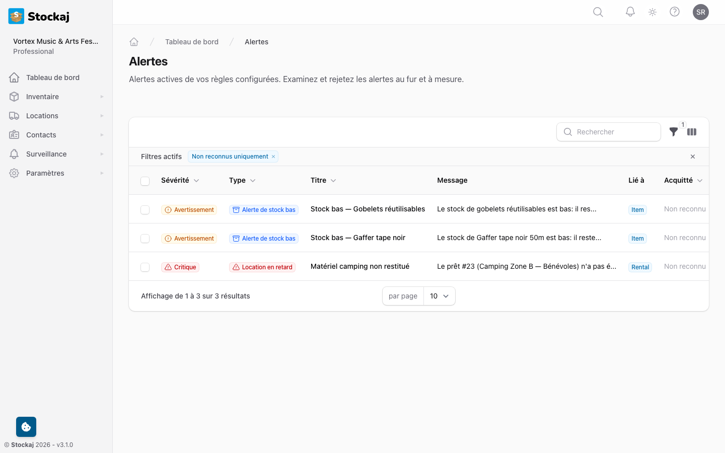 La liste des alertes montrant les alertes actives avec les indicateurs de gravité et les horodatages