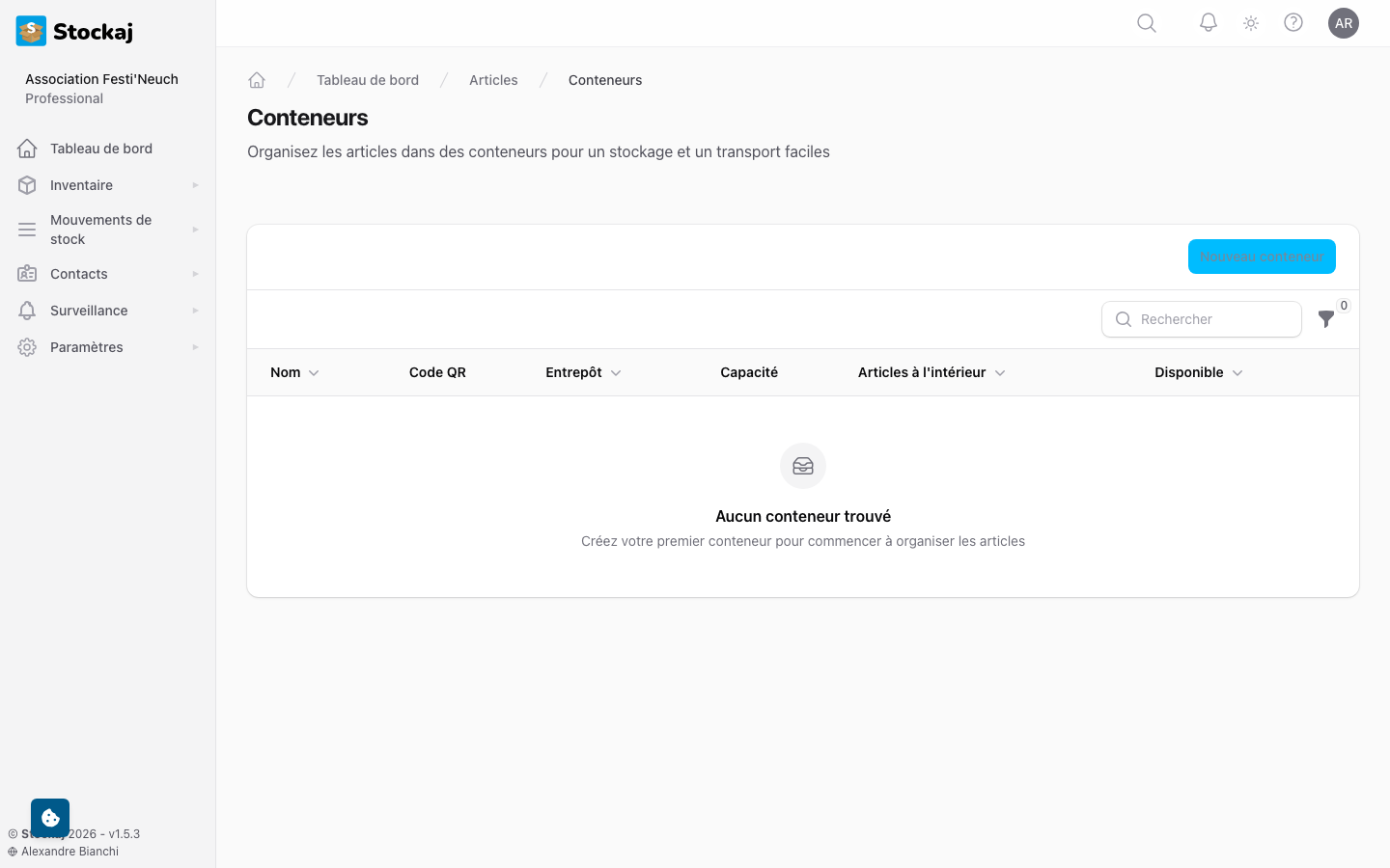 La page de gestion des conteneurs