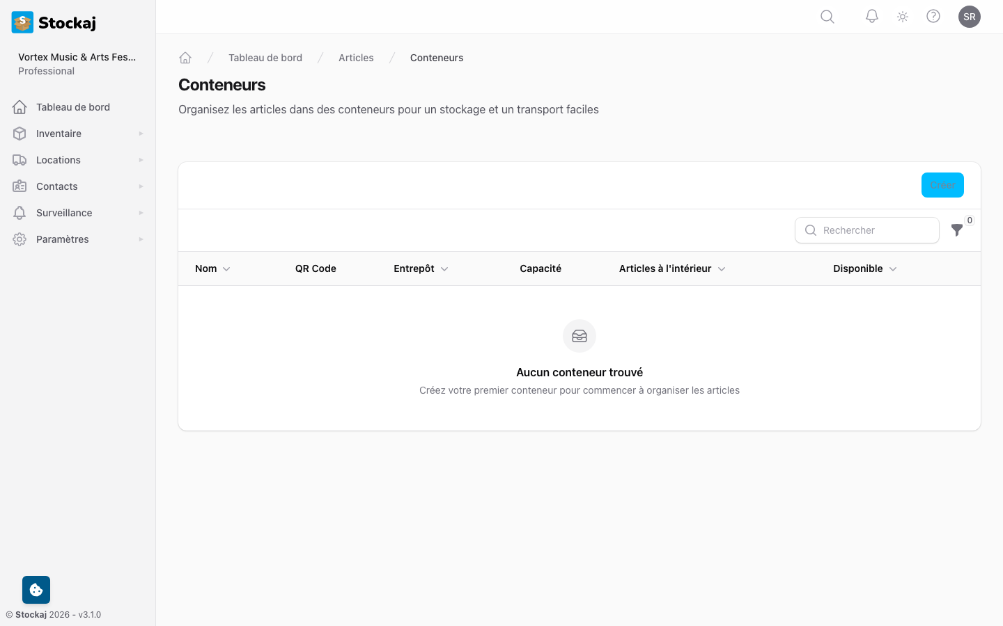 La page de gestion des conteneurs