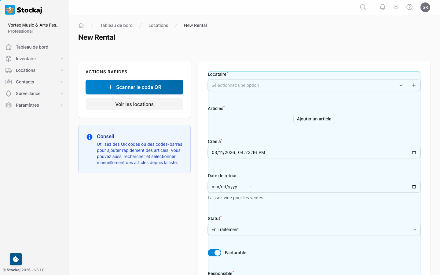 Le formulaire de création de location montrant la sélection du locataire, le sélecteur d'articles et les champs de date