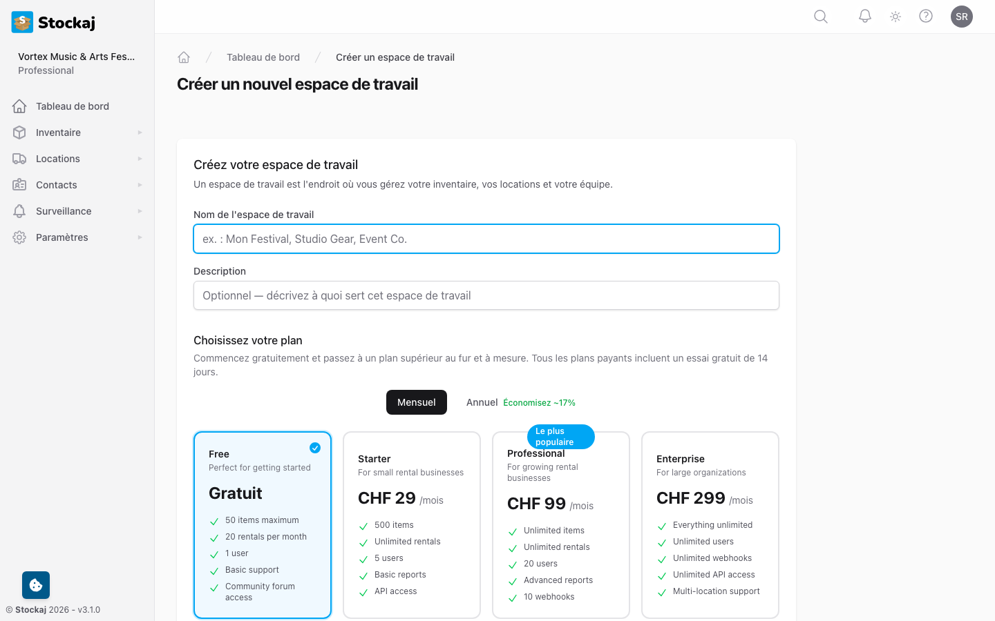 L'assistant de création d'espace de travail montrant la sélection du forfait et les détails de l'espace de travail