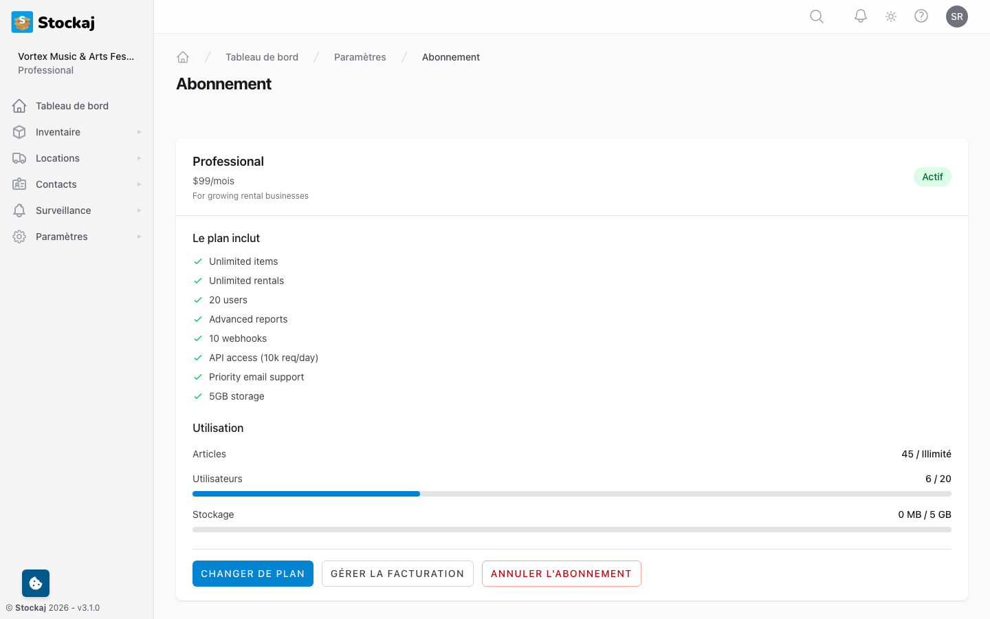 La page du forfait actuel montrant les détails du forfait, les statistiques d'utilisation et les options de mise à niveau