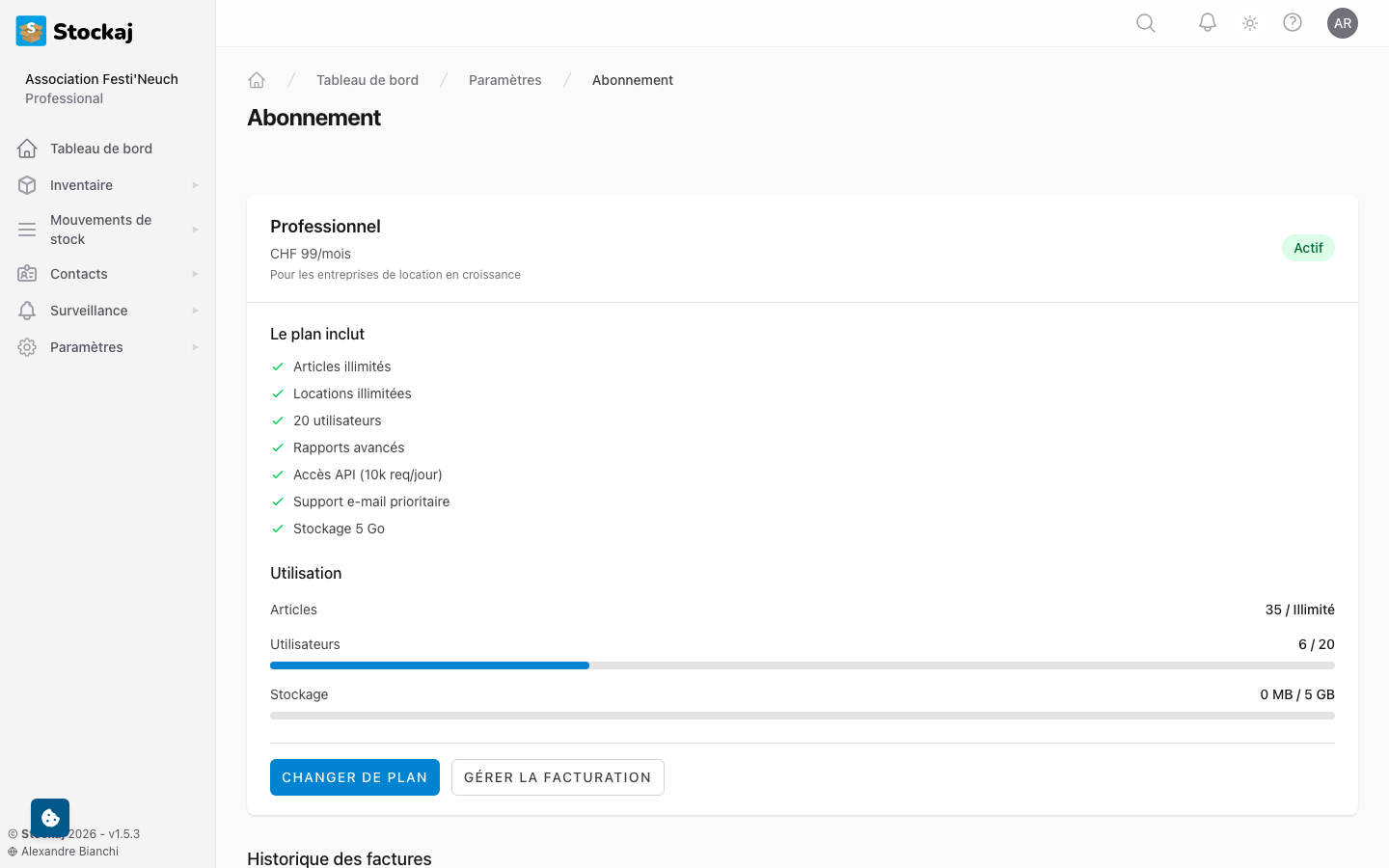 La page du forfait actuel montrant les détails du forfait, les statistiques d'utilisation et les options de mise à niveau