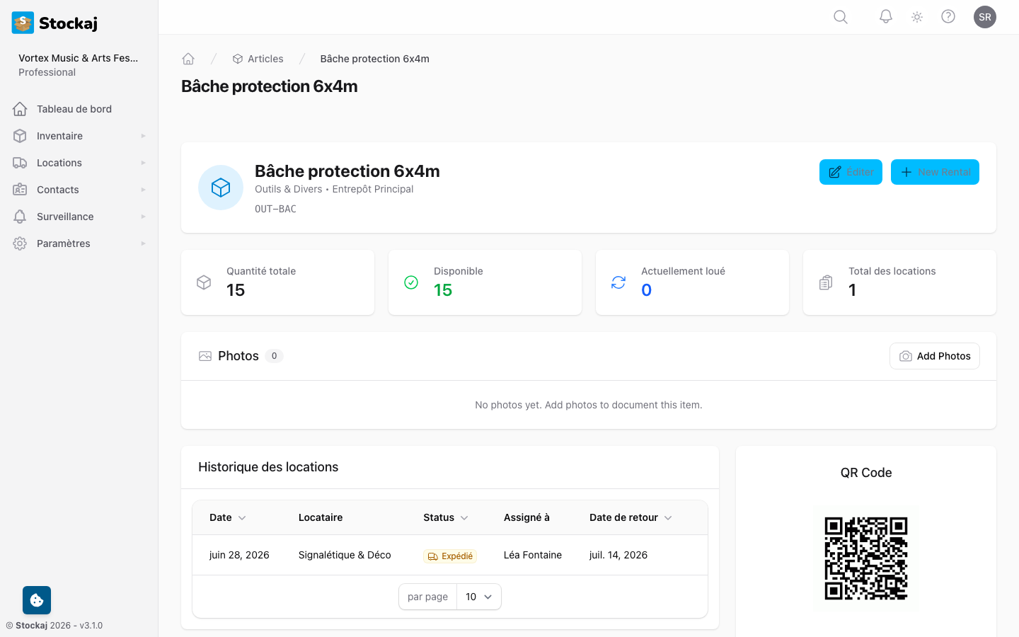 Le tableau de bord de l'article montrant les détails, l'historique de location, les événements de quantité et le QR code