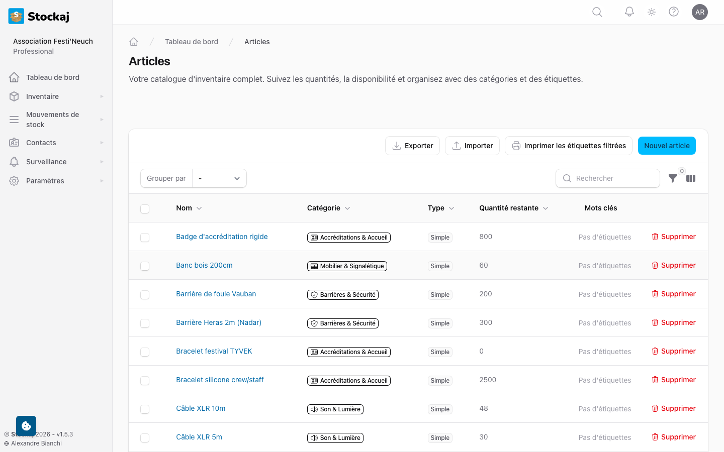 La vue liste des articles montrant le tableau avec les colonnes, la barre de recherche et les boutons d'action