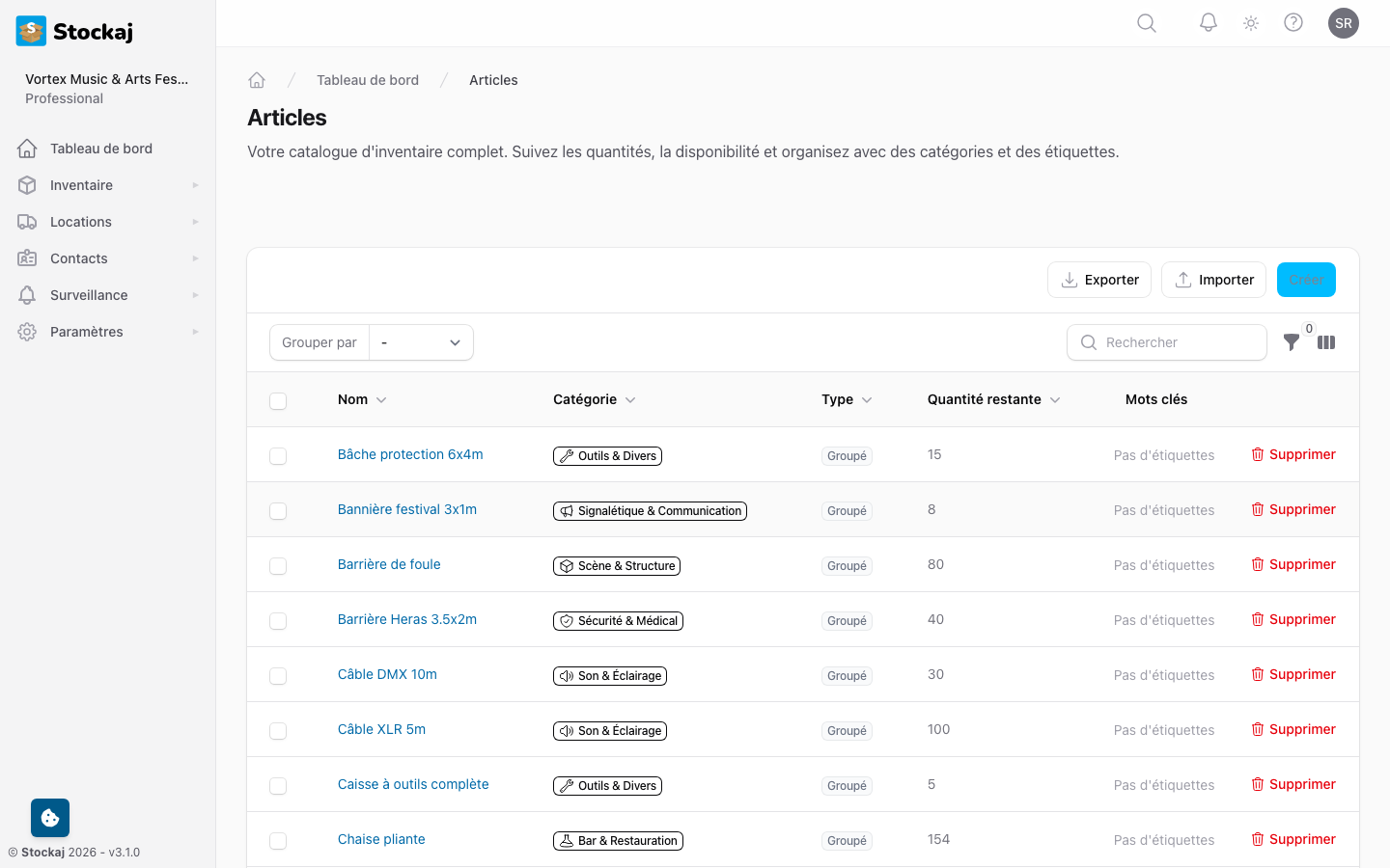 La vue liste des articles montrant le tableau avec les colonnes, la barre de recherche et les boutons d'action