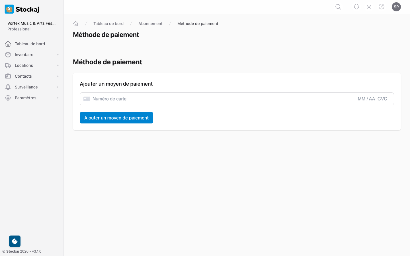La page de gestion du moyen de paiement