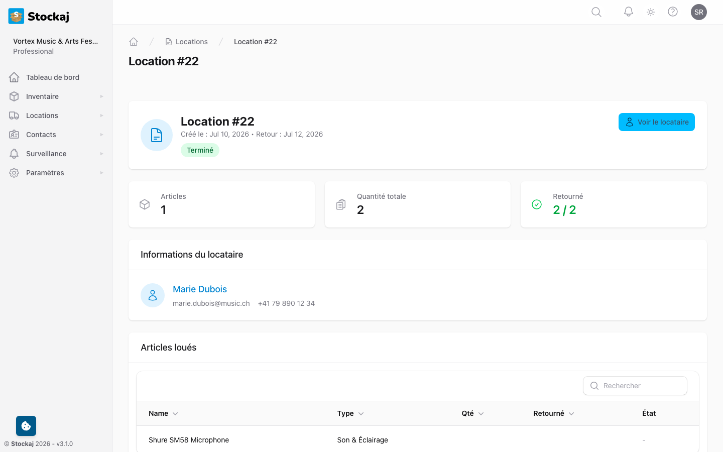 Le tableau de bord de la location montrant le statut, les articles, les informations du locataire, la chronologie et les actions